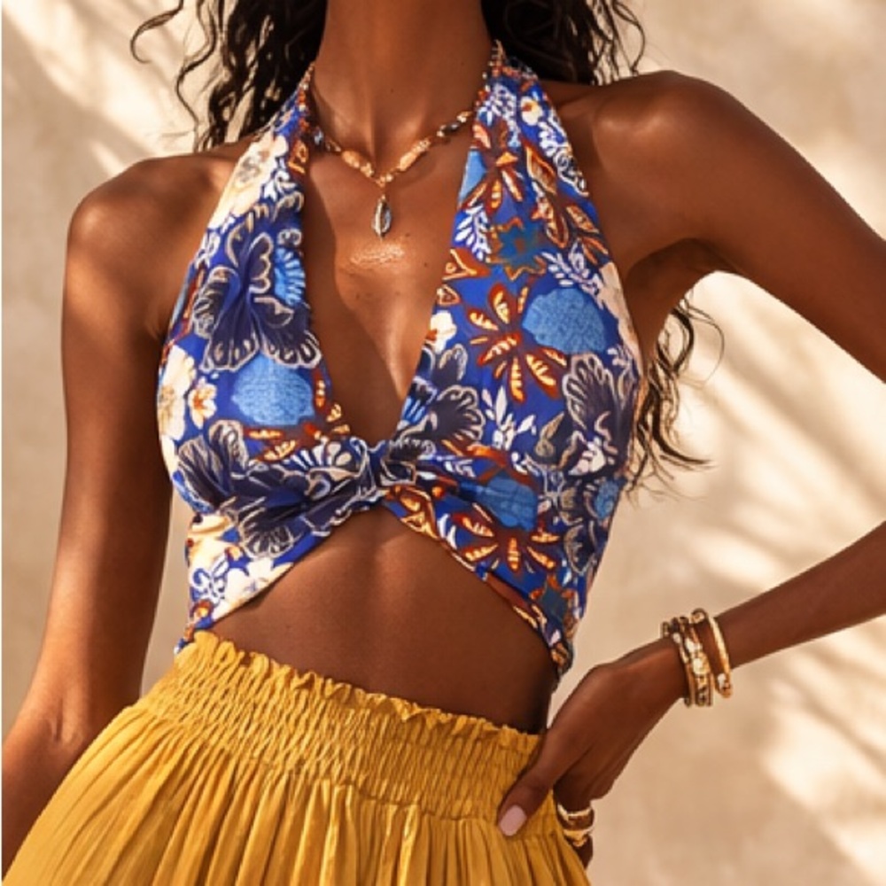Boho Organic Viscose Halter Cropped Top Summer | Smocked Back Adjustable Fit S-M